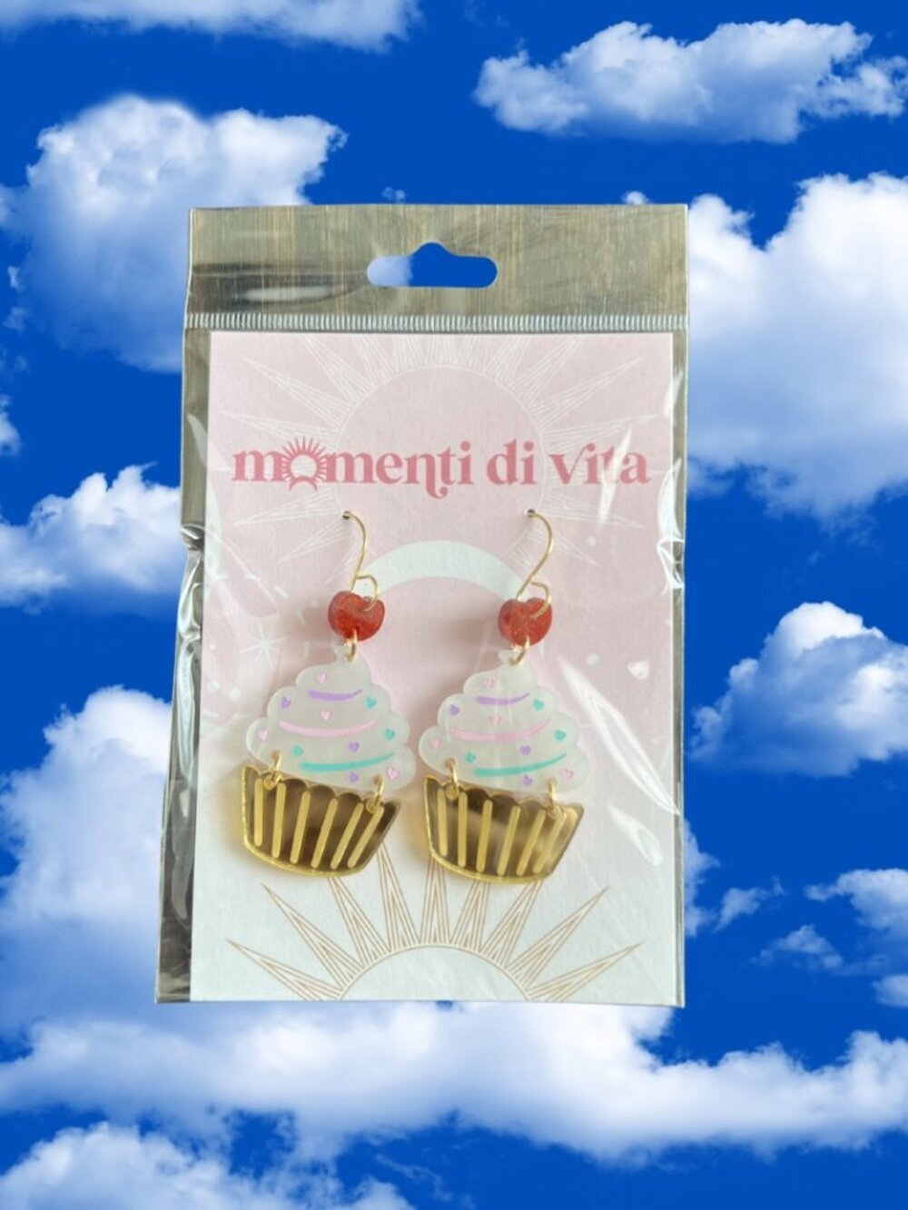momenti di vita Cupcake Dangle Acrylic Earrings with Red Heart Accent